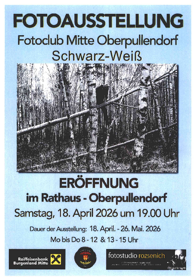 blaues Plakat mit Termin und Details s/w Foto mit Baumstämmen