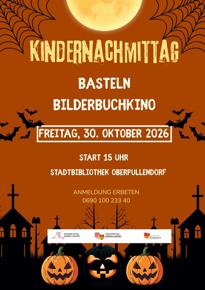 braunes Plakat mit Termin und Details, Abbildung Gruselkürbisse und Fledermäuse