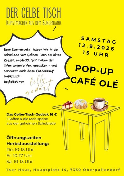 gelbes Plakat mit Termin und Details, Abbildung Tisch, Kuchen und Kaffee
