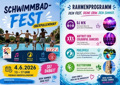 blauer Flyer mit Termin und Details, Abbildung Kinder die ins Wasser springen