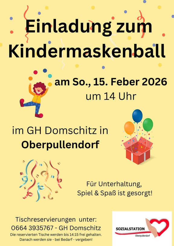 gelbes Plakat mit Termin und Details, Abbildungen Clown, Luftballons