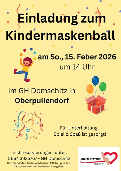 gelbes Plakat mit Termin und Details, Abbildungen Clown, Luftballons