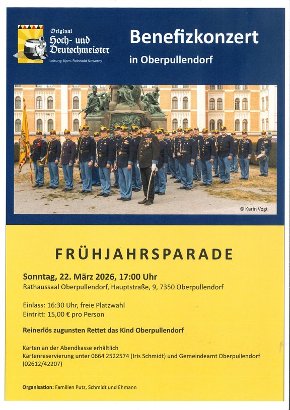 Plakat mit Termin und Details, Foto des Orchesters