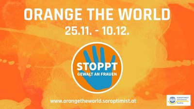 Plakat in orange mit blauer Hand
