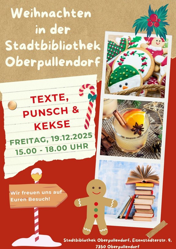 Plakat mit Termin und Details, weihnachtliche Illustrationen, wie Lebkuchen, Zuckerstangen, Punsch