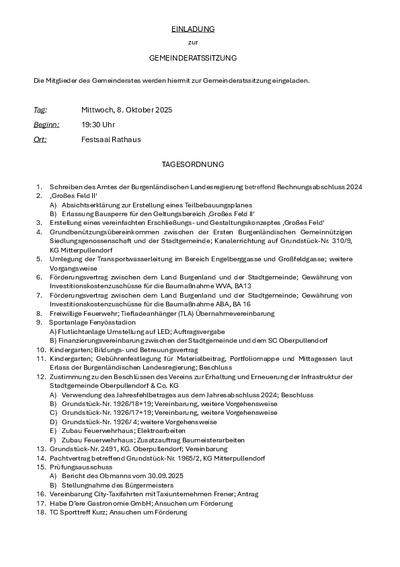 Einladung mit Termin und Tagesordnungspunkte