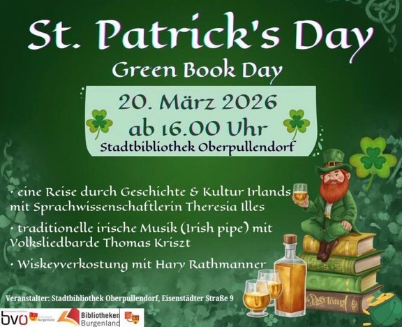 grünes Plakat mit Termin und Programm, Abbildung Bücher und Kleeblätter