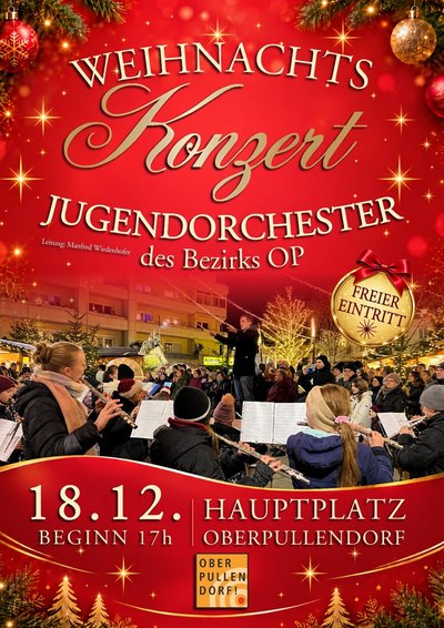 rotes Plakat mit Termin und Details, Abbildung Hauptplatz mit Musikanten