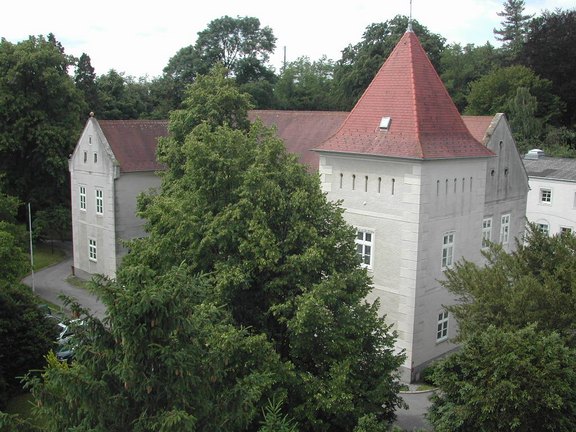 Schloss mit Turm und Bäumen ringsum Schloss mit Turm und Bäumen ringsum