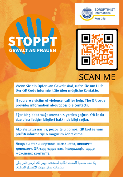 [Translate to Ungarisch:] orangenes Plakat mit QR Code und mehrsprachiger Hilfestellung