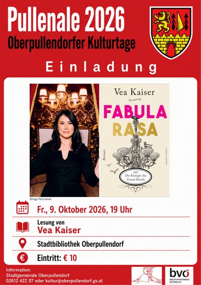 Plakat mit Termin und Details, roter Rand und Porträt von Autorin Plakat mit Termin und Details, roter Rand und Porträt von Autorin