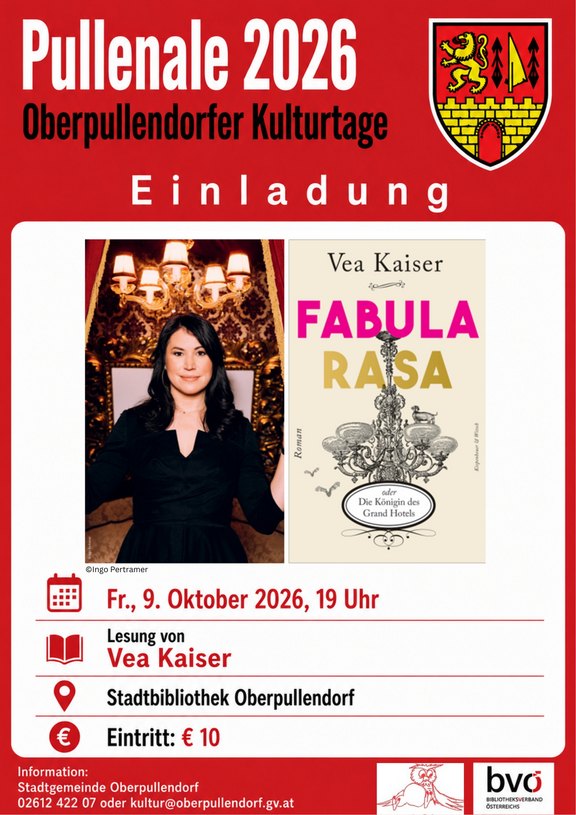 Plakat mit Termin und Details, roter Rand und Porträt von Autorin