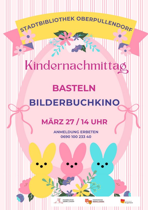 rosa Plakat mit Termin und Details und Osterhasen