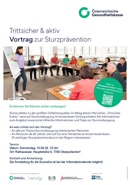 Vortrag zur Sturzprävention: Referentin erklärt einer Gruppe älterer Menschen an Flipchart in Oberpullendorf.