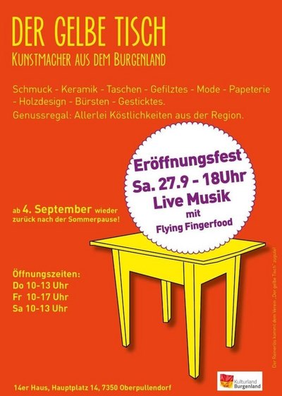 orangenes Plakat mit Termin und Details, Abbilldung gelber Tisch