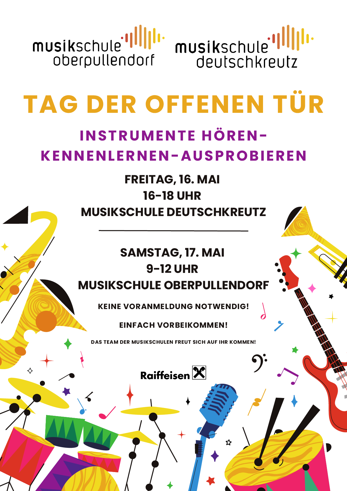 Plakat mit Terminen und Details, Illustrationen Musikinstrumente