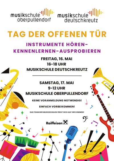 Plakat mit Terminen und Details, Illustrationen Musikinstrumente