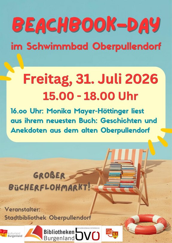 hellblaues Plakat mit Abbildung eines Sandstrands und Sonnenliege, mit Termin und Details