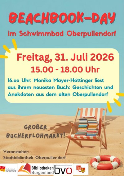 hellblaues Plakat mit Abbildung eines Sandstrands und Sonnenliege, mit Termin und Details