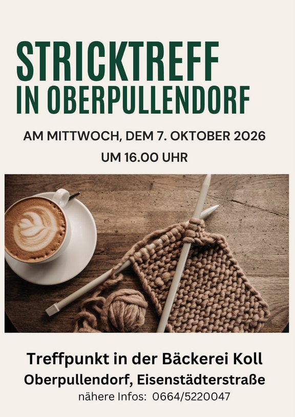 Plakat mit Termin und Details, Abbildung Strickerei, Kaffee