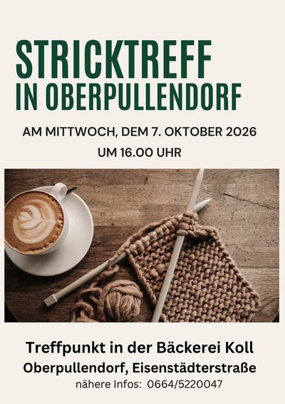 Plakat mit Termin und Details, Abbildung Strickerei, Kaffee Plakat mit Termin und Details, Abbildung Strickerei, Kaffee