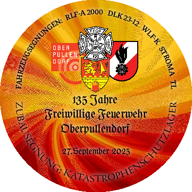 rundes Abzeichen mit Termin und Details, gelb, orange, rot