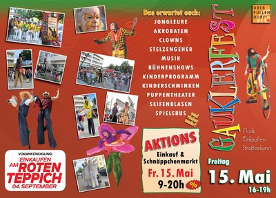 roter Prospekt mit Abbildungen von Straßenkünstlern und Termin