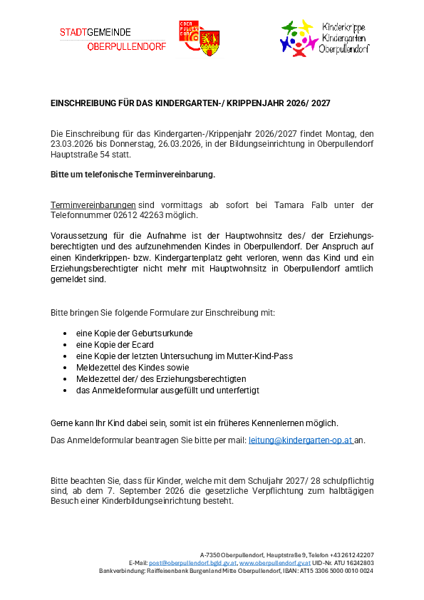 Brief mit Logos Kindergarten und Stadtgemeinde und Infos