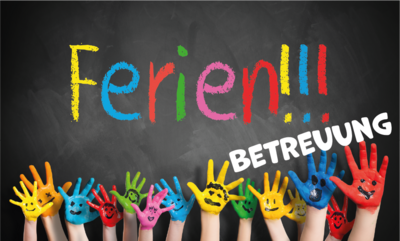 Plakat mit bunten Händen und Aufschrift 'Ferienbetreuung'